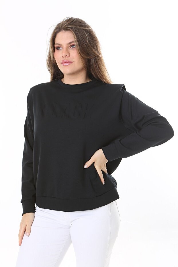 سويت شيرت أسود مقاس كبير - تفاصيل الكتف، طباعة أمامية 65N38050