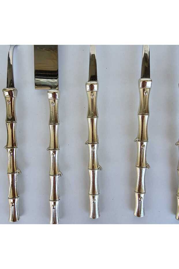 طقم تقديم الكيك من قطعتين باللون الفضي من الخيزران - 2