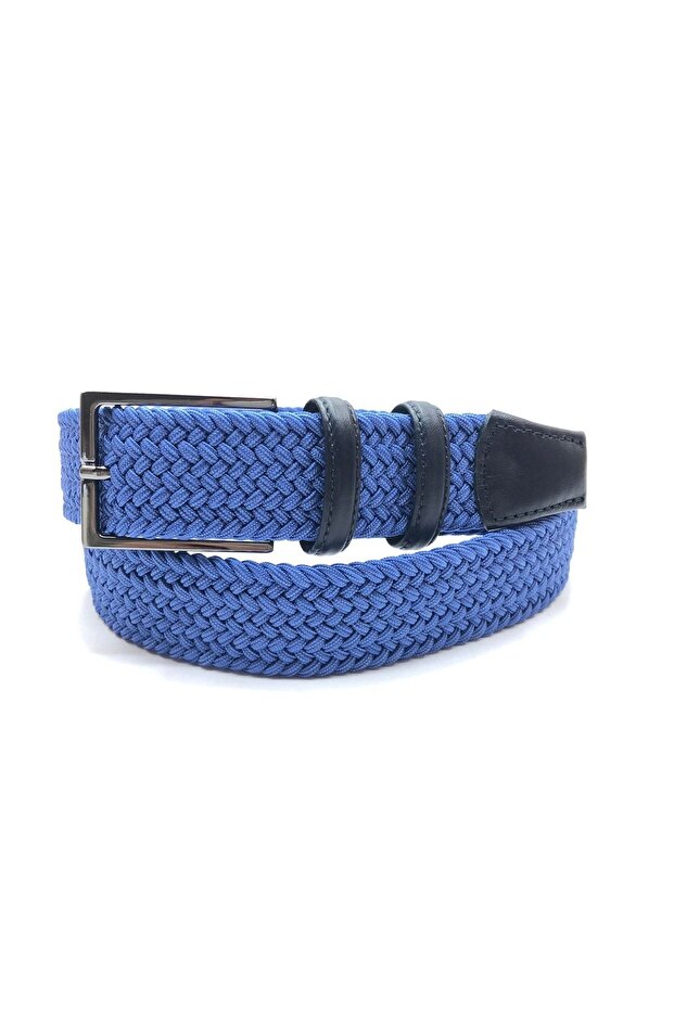 Blue (Sax) Elastic Knitted Flexible Unisex Genuine Leather Detailed Belt
