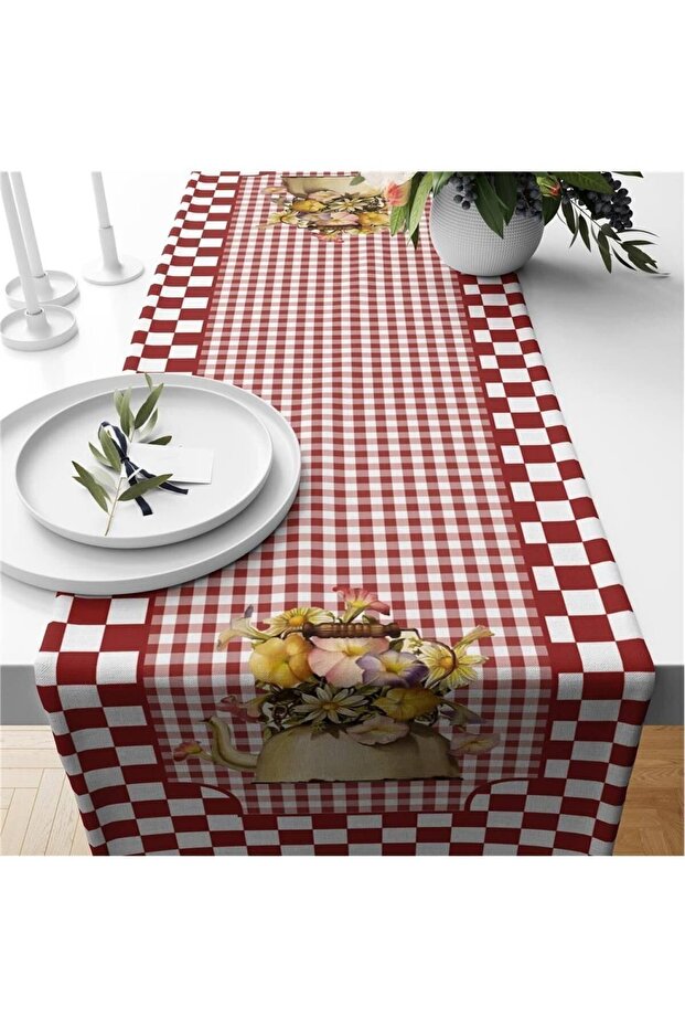 Red Gingham Pattern Velvet Runner - 1