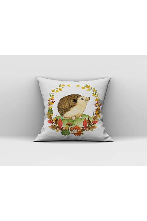 Flower Wreath Inside Hedgehog Patterned Throw Pillow Cover