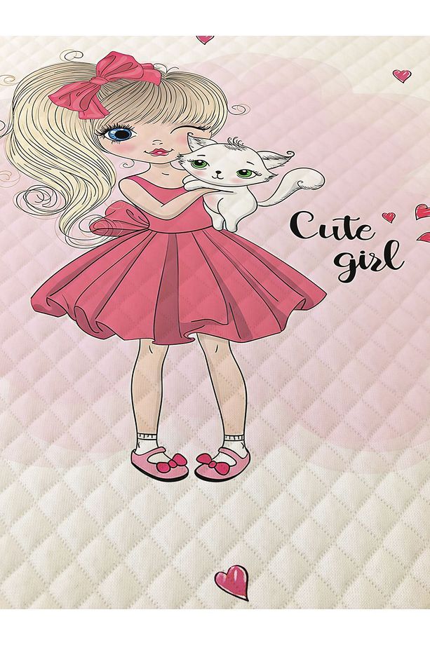 Kız ve Kedi Desenli, Baskılı Tek Kişilik ve Çocuk Pike Takımı - 2