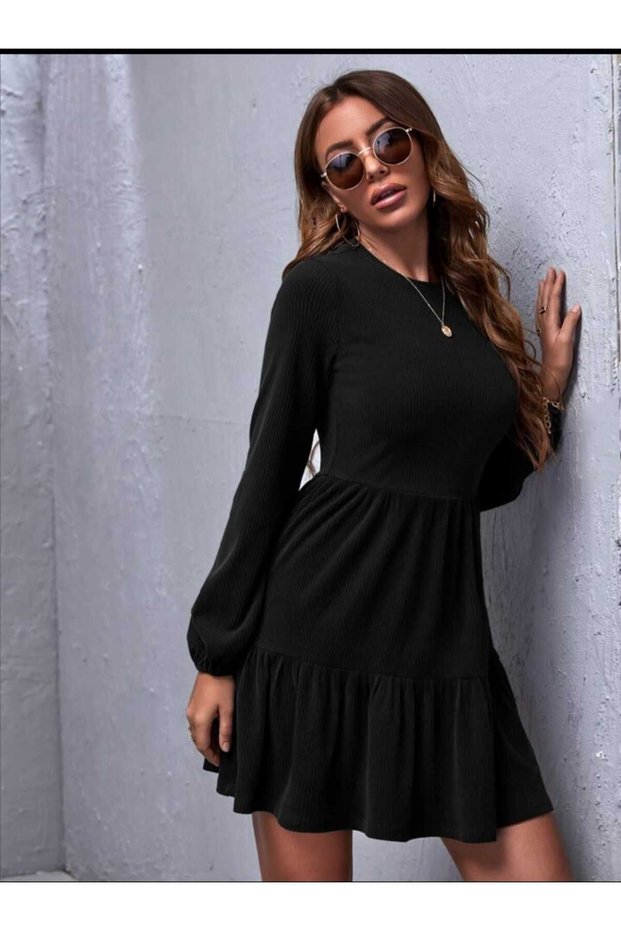 women's bohemian black wide-cut flounced long sleeve mini vintage dress