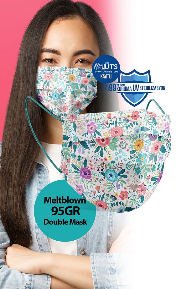 Bahar Çiçekleri Desen Meltblown Ultrasonik 3 Katlı Cerrahi Maske 10'lu 1 Kutu - Burun Telli - 4