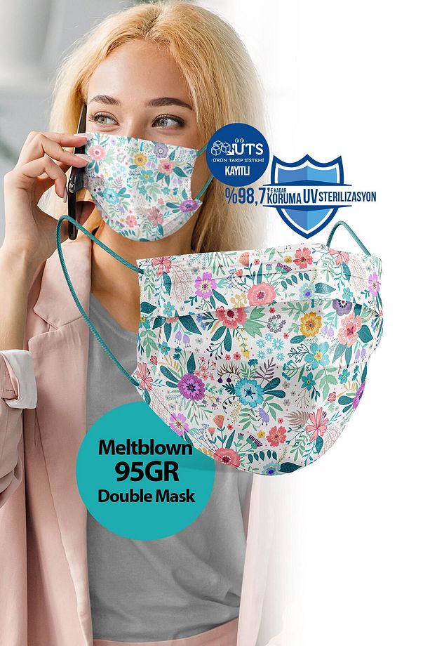Bahar Çiçekleri Desen Meltblown Ultrasonik 3 Katlı Cerrahi Maske 10'lu 1 Kutu - Burun Telli - 5