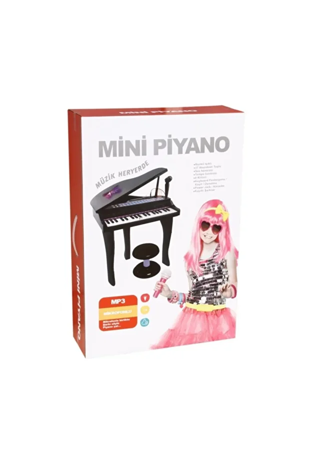 Çocuk Mini Piyano Işıklı 37 Tuşlu Mikrofonlu Ve Tabureli Mini Piyano Siyah - 2