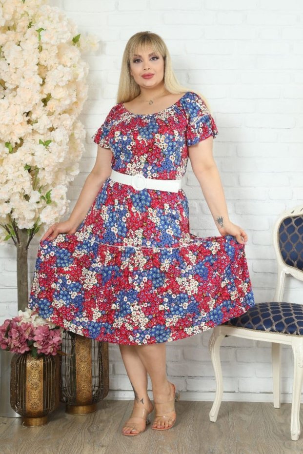 Madonna Collar Colorful Floral And Belted Comfortable Flowy Dress