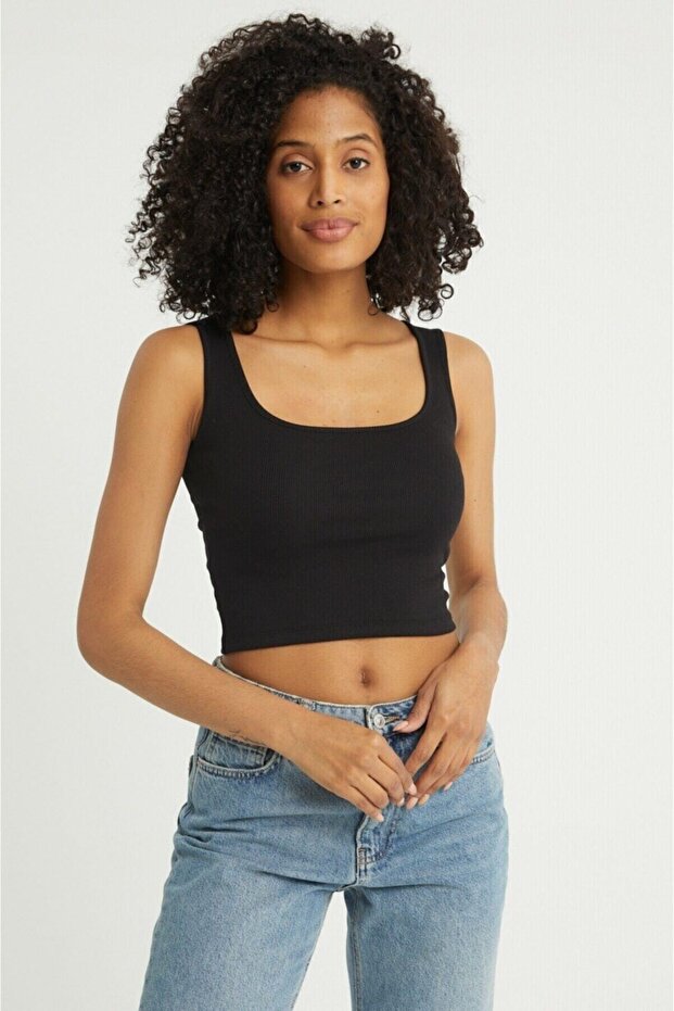 Women's Black Strappy Square Neck Crop Top Bustier