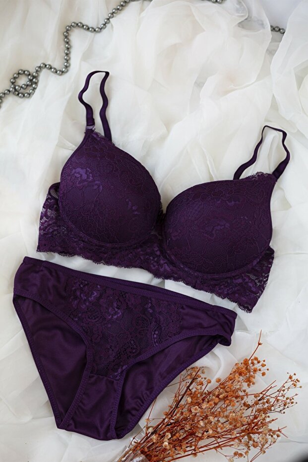 Kadın Mor Dolgulu Dantel Sütyen Ve Külot Takım - 1