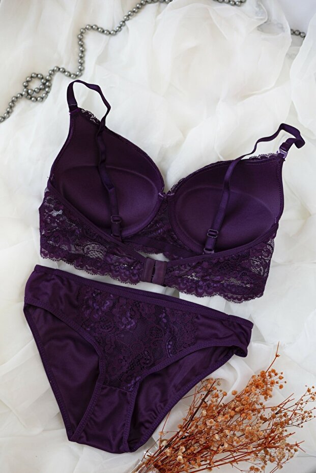 Kadın Mor Dolgulu Dantel Sütyen Ve Külot Takım - 2