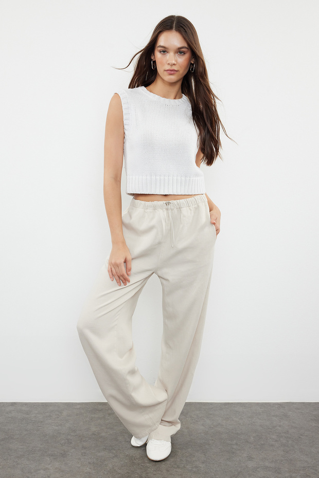 Stone Premium Waist Detailed Linen Blended High Waist Wide Leg Trousers Twoaw25Je00003