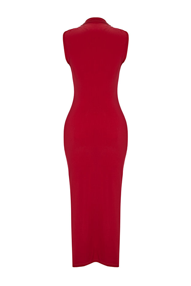 Kırmızı Düz Büzgülü Maxi Sıfır Kol Drapeli Bodycone/Vücuda Oturan Esnek Örme Elbise TWOSS24EL00101 - 7