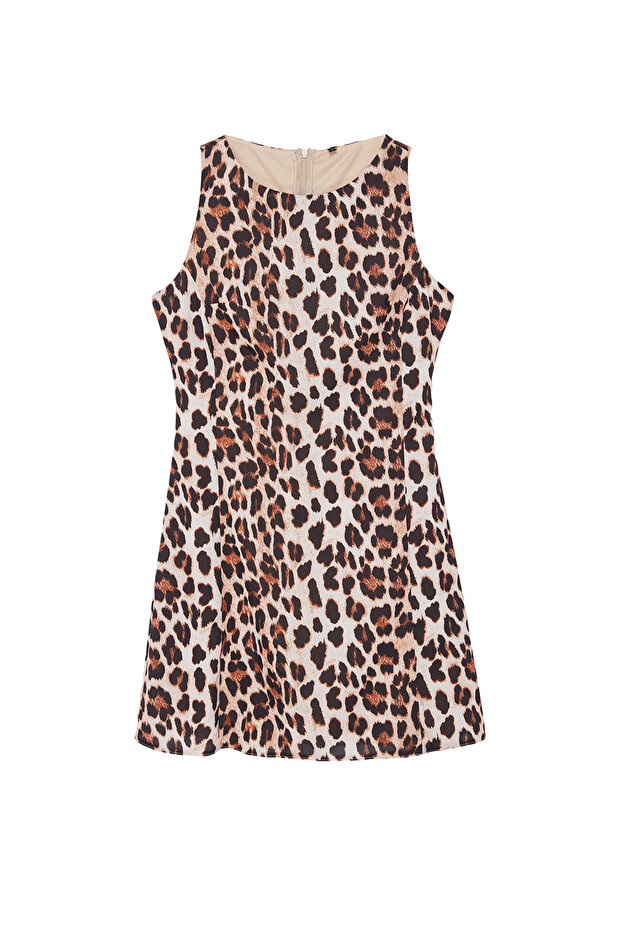 Kahverengi Leopar Desenli Mini Saten Dokuma Elbise TWOSS24EL01065 - 8