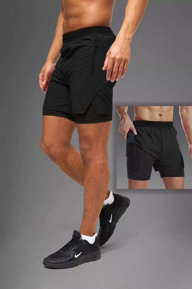 | 2 Li Paket Gym Ve Fitness Astarlı Taytlı Şort | Gizli Cep Detaylı - 3