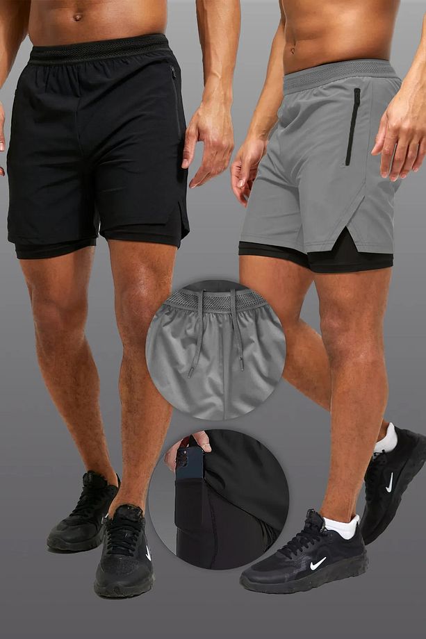 | 2 Li Paket Gym Ve Fitness Astarlı Taytlı Şort | Gizli Cep Detaylı - 1