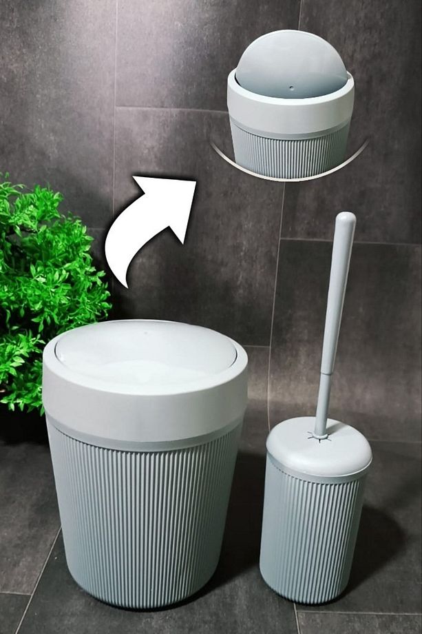Banyo Çöp Kovası Wc Tuvalet Fırçası 2'li Akrilik Set Gri - 1