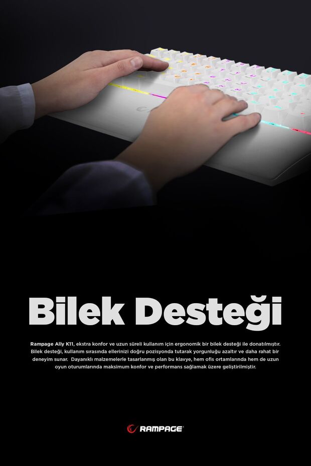 Ally K11 Beyaz 12 Işık Modlu Red Switch Mekanik Antighosting Bilek Destekli Gaming Oyuncu Klavyesi - 8