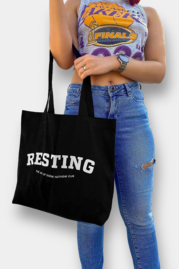 Black Resting Printed Canvas Bag