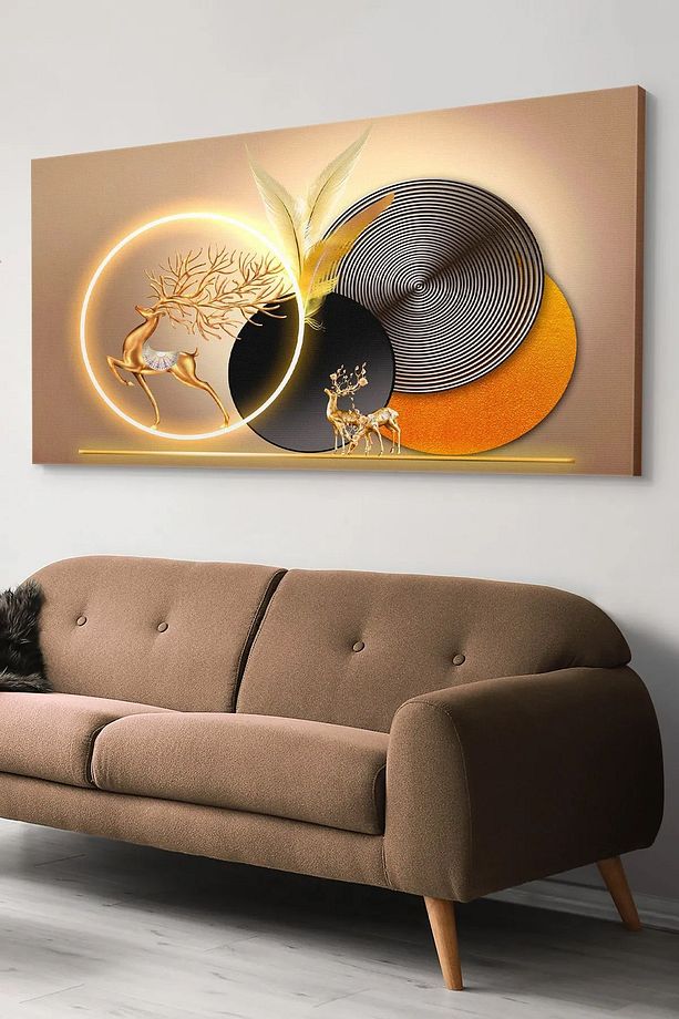 Gold Geyik Yuvarlak Desenler Tek Parça Işıksız Kanvas - Canvas Tablo - 1