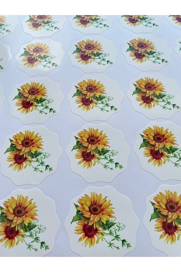 Ayçiçeği Çiçek Desenli Etiket - Çiçekli Model Opak Sticker - Dalgalı Kesim - 50 Adet / 5 cm - 2