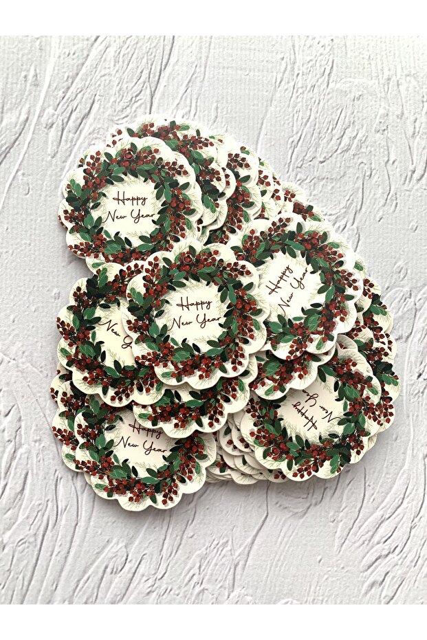 Christmas Themed Happy New Year Model Embossed Thick Double-Way Printed Sticker - 5 Cm. - 30 Pieces