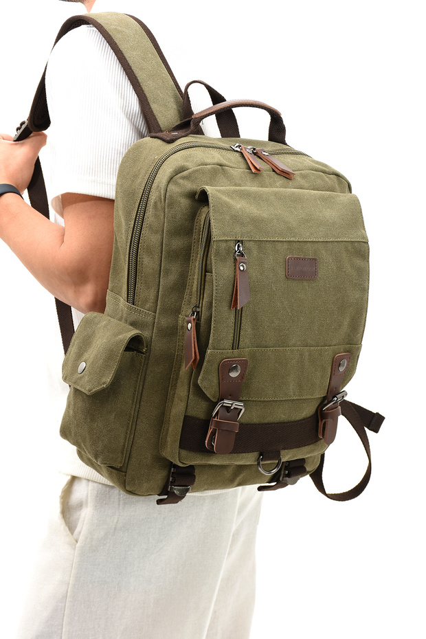 Eba-6235 Canvas Backpack with Laptop Compartment Camping Travel School Bag Khaki