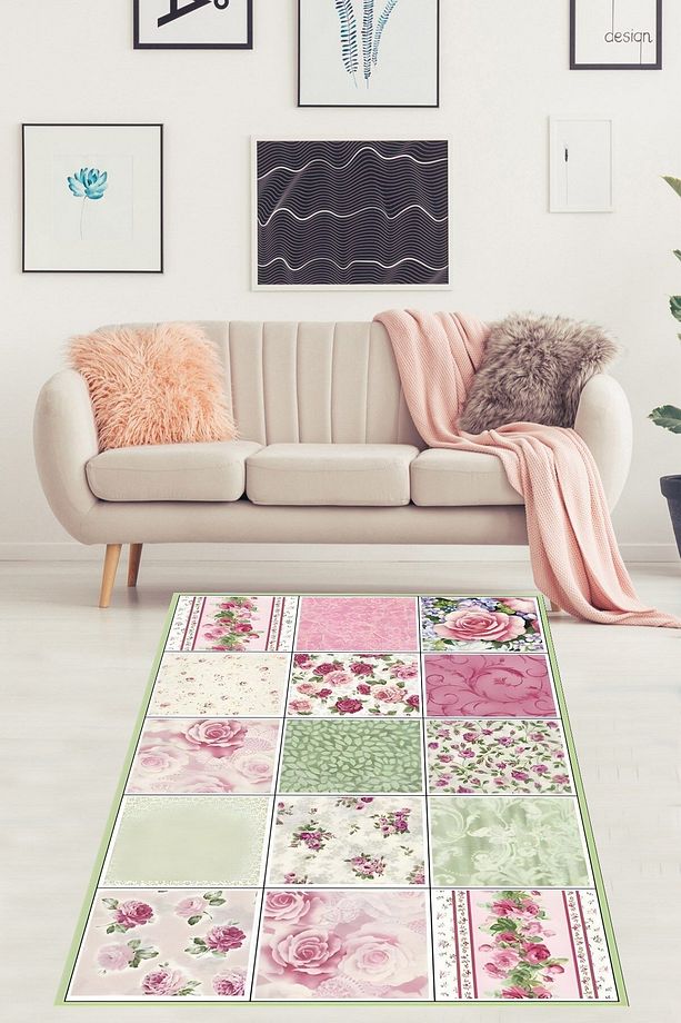 Patchwork Kırkyama Gül Desenli Vintage Yıkanabilir Kaymaz Taban Leke Tutmaz Salon Halısı Yoluk - 2