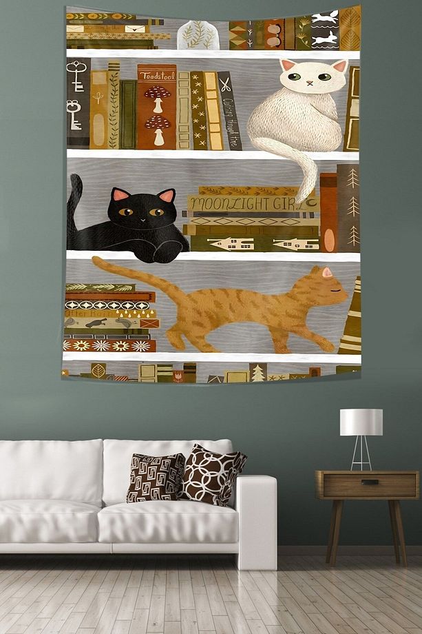 Kitaplıktaki Kitaplar ve Kediler Leke Tutmaz Kumaş Duvar Örtüsü Duvar Halısı Tapestry - 3