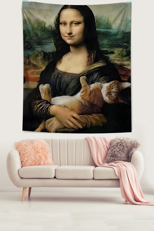 Komik Mona Lisa Ve Kedi Leke Tutmaz Kumaş Duvar Örtüsü Duvar Halısı Tapestry - 1