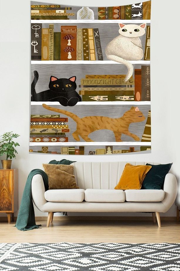 Kitaplıktaki Kitaplar ve Kediler Leke Tutmaz Kumaş Duvar Örtüsü Duvar Halısı Tapestry - 1