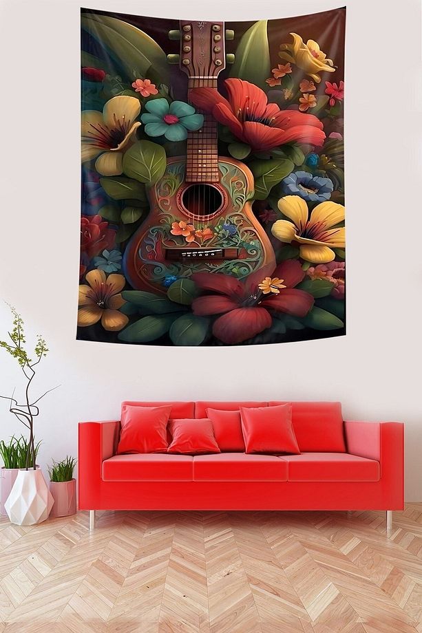 Çiçekler İçerisindeki Gitar Leke Tutmaz Kumaş Duvar Örtüsü Duvar Halısı Tapestry - 2
