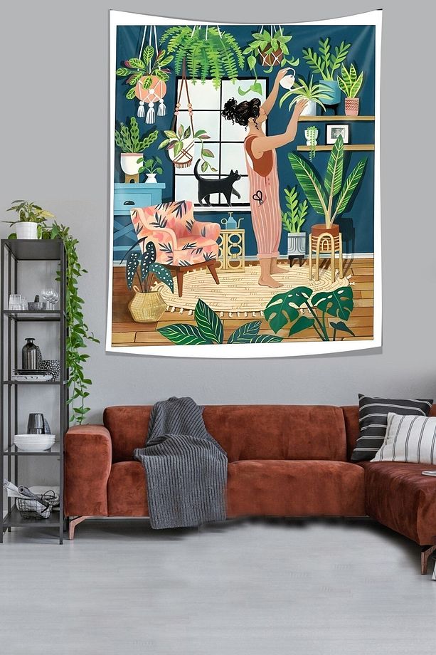 Bohem İskandinav Dekor Çiçekleri Sulayan Kız Leke Tutmaz Kumaş Duvar Örtüsü Duvar Halısı Tapestry - 2