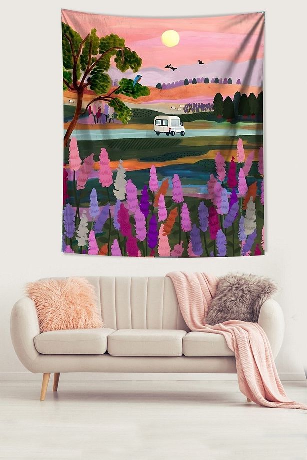 Gün Batımı Yolculuk Yoldaki Araba Leke Tutmaz Kumaş Duvar Örtüsü Duvar Halısı Tapestry - 1