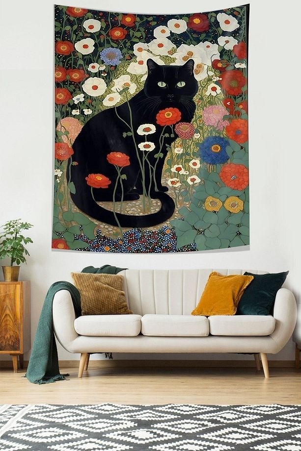 Çiçekler İçerisindeki Siyah Kedi Leke Tutmaz Kumaş Duvar Örtüsü Duvar Halısı Tapestry - 2