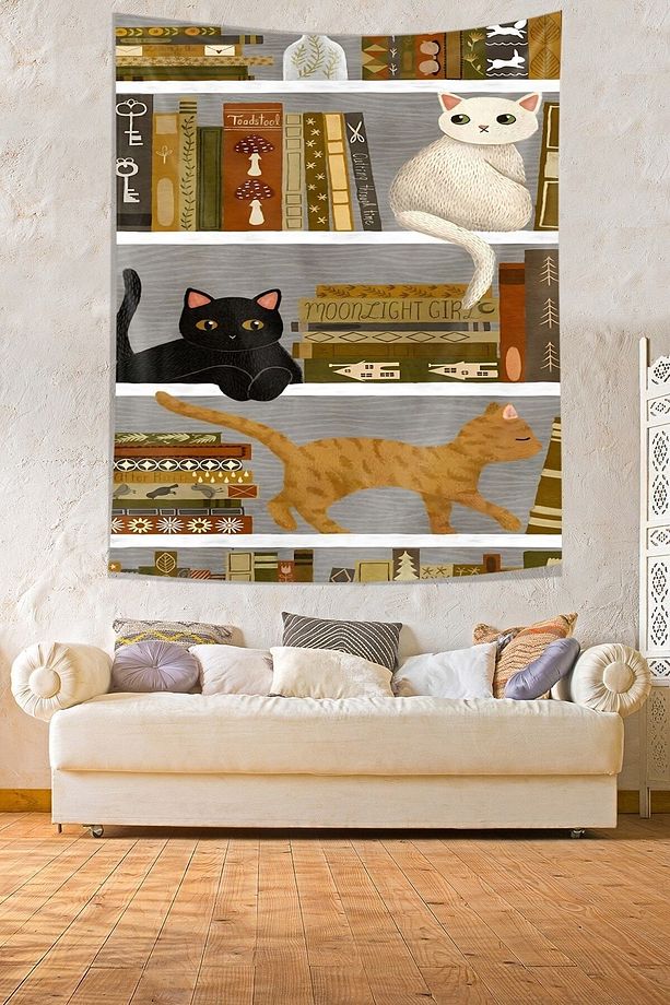 Kitaplıktaki Kitaplar ve Kediler Leke Tutmaz Kumaş Duvar Örtüsü Duvar Halısı Tapestry - 2