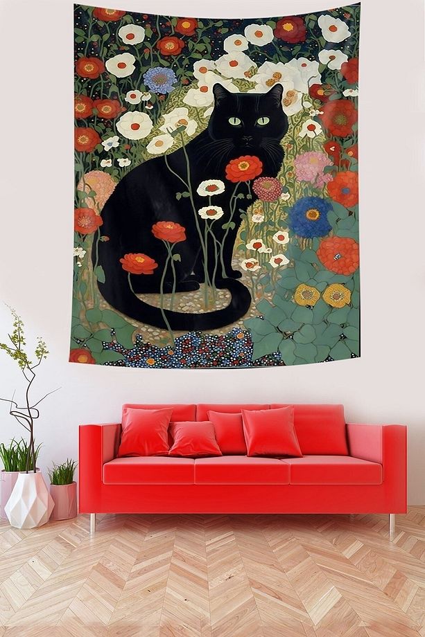 Çiçekler İçerisindeki Siyah Kedi Leke Tutmaz Kumaş Duvar Örtüsü Duvar Halısı Tapestry - 1