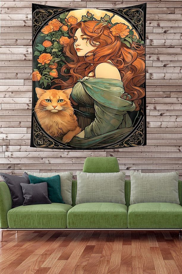 Vintage Kedi ve Kız Leke Tutmaz Mikropetek Kumaş Duvar Örtüsü Duvar Halısı Tapestry - 2
