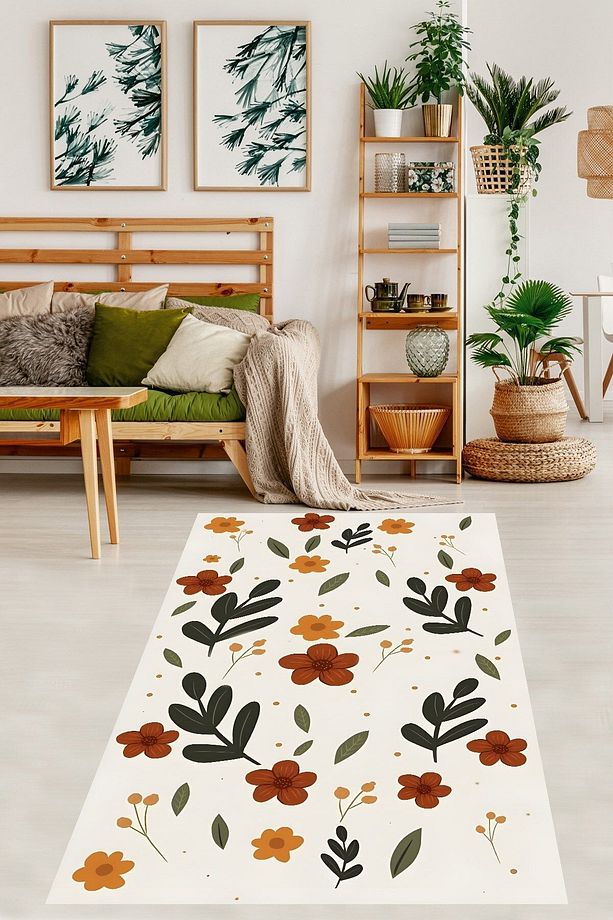 Bohem İskandinav Piti Çiçekli Minimal Yıkanabilir Kaymaz Taban Leke Tutmaz Salon Halısı Yoluk - 1