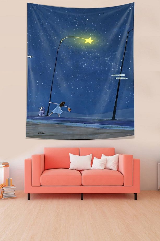 Gece Gökyüzü ve Yıldızlar Altındaki Kız Leke Tutmaz Kumaş Duvar Örtüsü Duvar Halısı Tapestry - 2