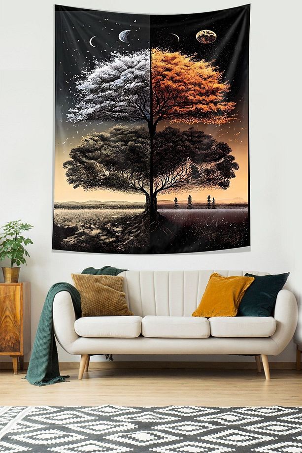 Gece Ve Gündüz Manzarası Leke Tutmaz Kumaş Duvar Örtüsü Duvar Halısı Tapestry - 3