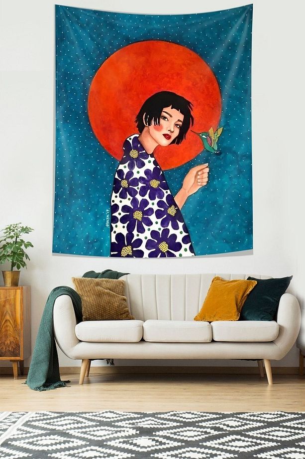 Elinde Kuş Tutan Kız Leke Tutmaz Kumaş Duvar Örtüsü Duvar Halısı Tapestry - 2