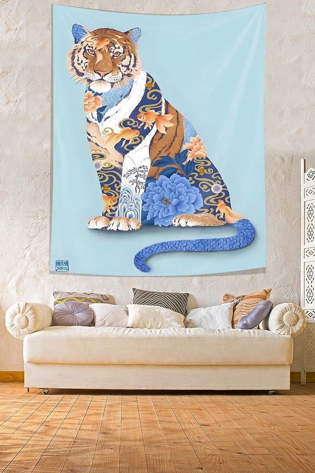 Çiçek Temalı Kaplan Leke Tutmaz Kumaş Duvar Örtüsü Duvar Halısı Tapestry - 3