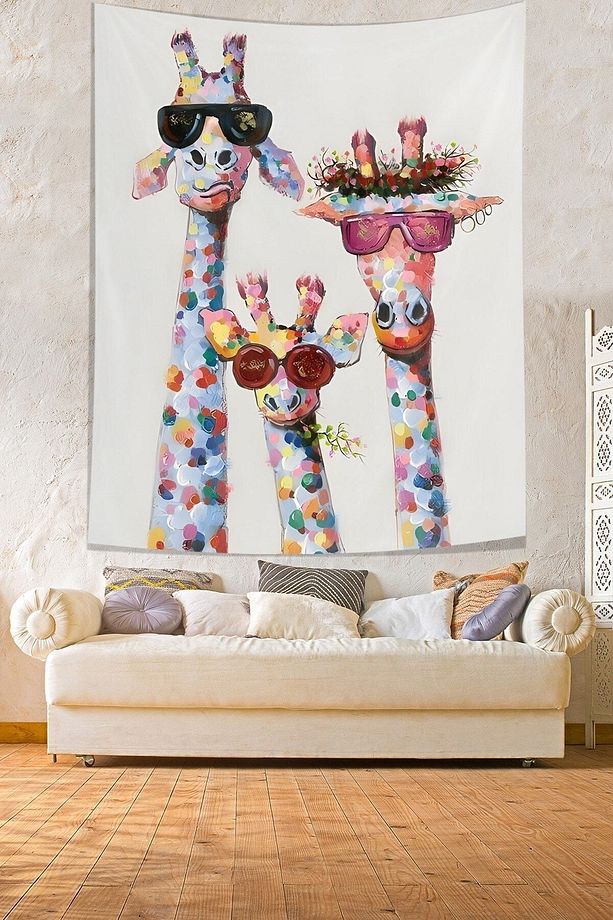 Gözlüklü Zürafa Aile Leke Tutmaz Kumaş Duvar Örtüsü Duvar Halısı Tapestry - 3