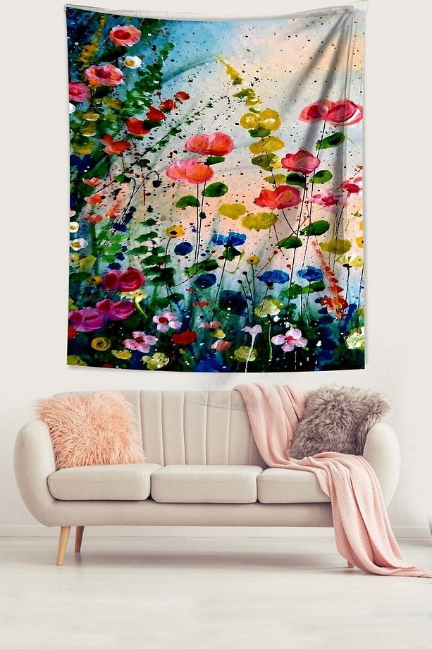 Renkli Bahar Çiçekleri Suluboya Efekt Leke Tutmaz Kumaş Duvar Örtüsü Duvar Halısı Tapestry - 3