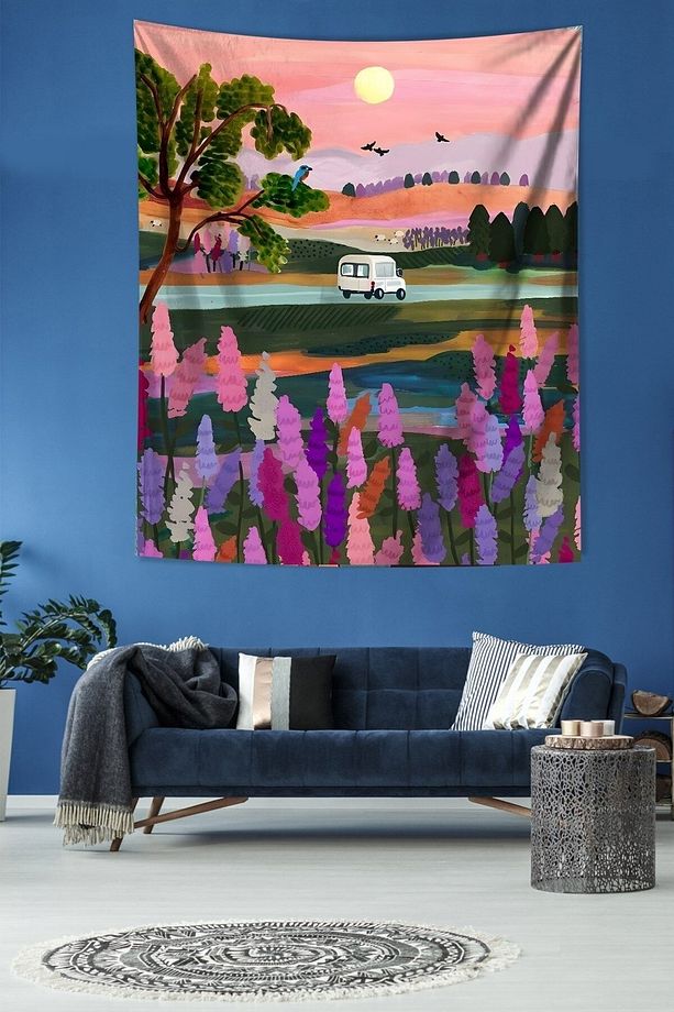 Gün Batımı Yolculuk Yoldaki Araba Leke Tutmaz Kumaş Duvar Örtüsü Duvar Halısı Tapestry - 2