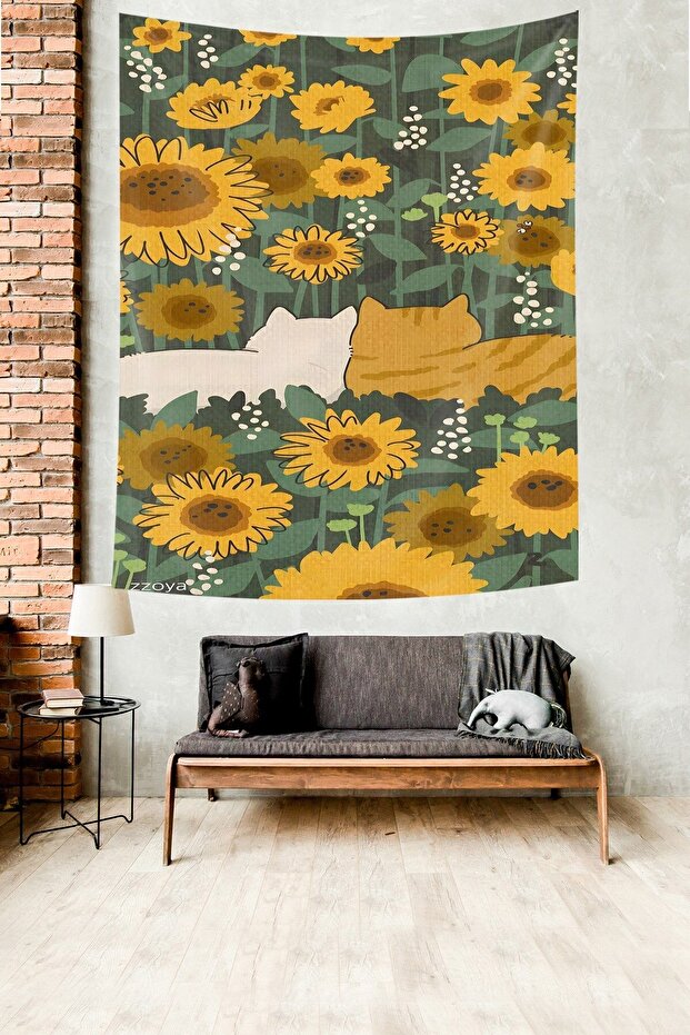 Cute Cats Between Sunflowers Stain Resistant Fabric Wall Cloth Wall Tapestry Tapestry