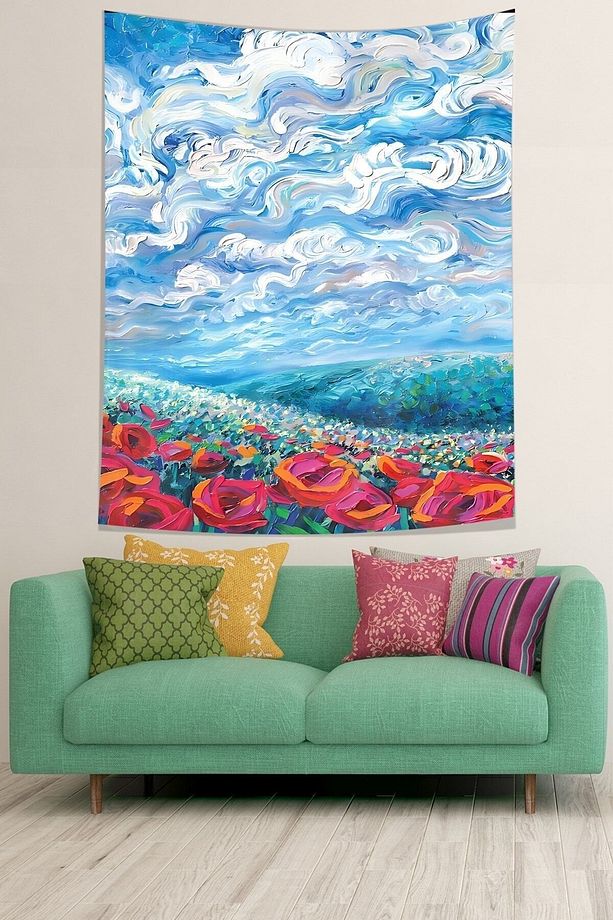 Gelincik Tarlası ve Bulut Dalgası Desen Leke Tutmaz Kumaş Duvar Örtüsü Duvar Halısı Tapestry - 2