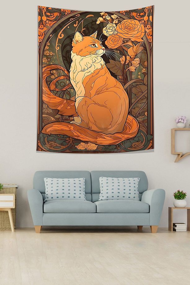 Asil Kedi Leke Tutmaz Kumaş Duvar Örtüsü Duvar Halısı Tapestry - 3
