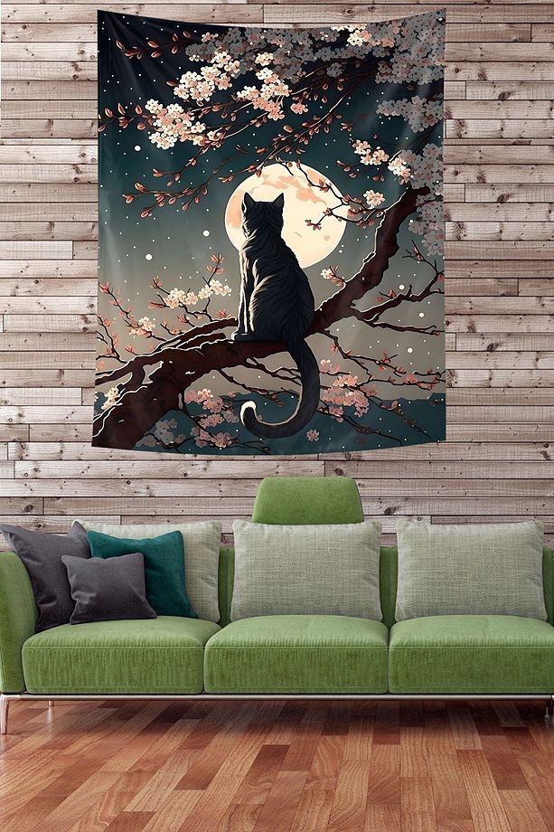 Ağaçtaki Kedi Leke Tutmaz Kumaş Duvar Örtüsü Duvar Halısı Tapestry - 1