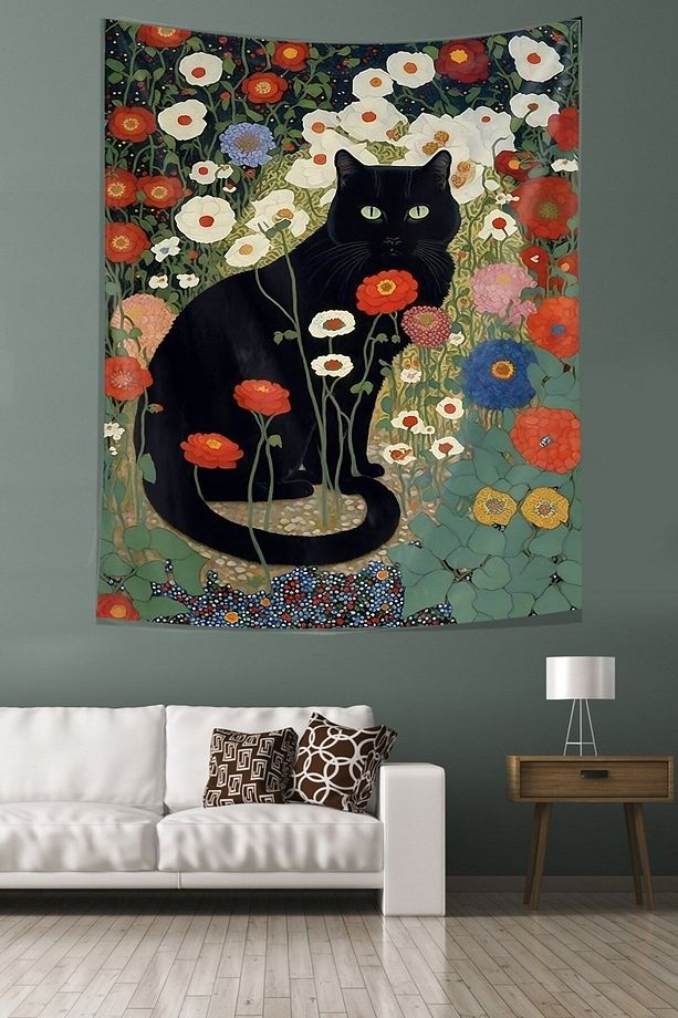 Çiçekler İçerisindeki Siyah Kedi Leke Tutmaz Kumaş Duvar Örtüsü Duvar Halısı Tapestry - 3